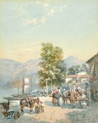 Charles Rowbotham (1823-1875) Traders conversing on a coastal trail with boats and buildings,