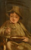 19th Century English School, 'Sharing', a seated child with a bowl of milk on his lap and kitty by