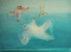 Gerard Andres, Circa 1974, French, a pair of large oil on canvas ethereal scenes of figures floating
