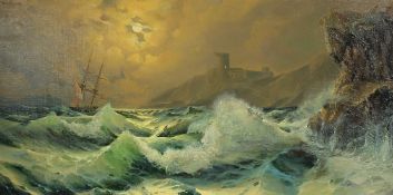 Manner of Aivazovsky, 20th Century Russian School, a vessel in choppy waters off a headland with a