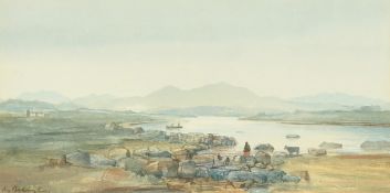 Roy Beddington, A lady in a shawl on the edge of a lake with a cow nearby, watercolour, signed,