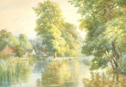 Godfrey Young, An angler on a stretch of water near to houses, watercolour, signed and dated '93,