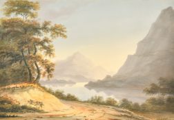 Circle of William Turner of Oxford, Highland lake scene at sunset, watercolour, 10