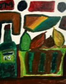 Jamie Moynahan (20th Century) a still life of fruit and a bottle, acrylic on canvas, signed with