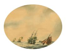 Attributed to Samuel Atkins (c. 1765-1808) Three Men-of-War and a sailing boat offshore in choppy