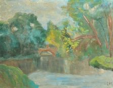 20th Century French School, an oil sketch of a lake scene, signed with initials, and 2 others by the