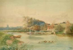 Henry Charles Fox (b.1860) British, A view across a river with buildings and a church beyond,