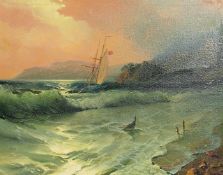 Manner of Aivazovsky, 20th Century Russian School, vessel off a headland at dusk, oil on canvas,