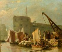 Attributed to William Anderson (1757-1837), Figures unloading a barge, canvas laid down on oak