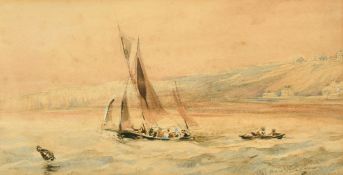 Circle of Thomas Bower, Small boats off a coast, watercolour, 6.25
