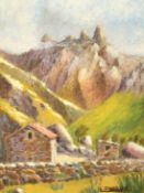 20th Century French School, stone building in an alpine landscape, oil on panel, indistinctly