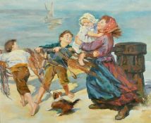 Law, 20th Century, Children and a dog playing on the seashore, acrylic on canvas, signed, 20