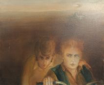 Gerard Andres, Circa 1974, French, a scene of two male figures on a bike, oil on canvas, signed, 35