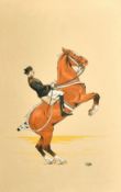 20th Century French School, a pair of Cavalrymen on preforming horses, watercolours, indistinctly
