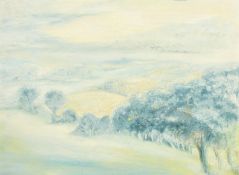 Rosemary Crouch, circa 1969, 'Across the Tillingham Valley Spring 1969', oil on board, signed and