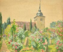 Kyhna, A churchyard in bloom with pink and white roses, watercolour, signed, 13.75