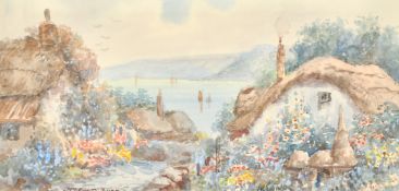 W. Sands, 'Helford River' thatched cottages with flowers in bloom with a river beyond,