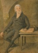 American School, 19th Century, A seated gentleman at a table with an open book and inkwell, signed