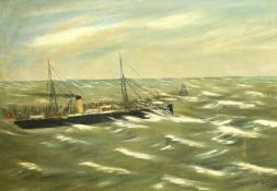 Alfred .J. Jansen (1863-1943) An anchored steam boat on choppy seas, oil on canvas, signed,