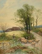 Thomas Roden (1842-1926) British, A shepherd and his flock by a pond, watercolour, signed and