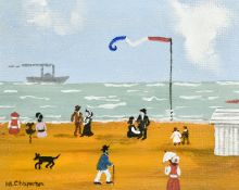 Margaret Chapman (1940-2000) British, Figures and dogs on a French beach with a paddle steamer