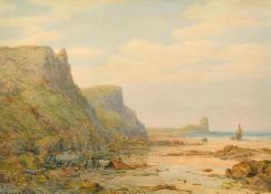 Charles Brooke Branwhite (1851-1929) British, A rocky coastal inlet with beached sailing boats and