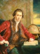 R.J. West (20th Century) A portrait of a gentleman seated at a table with a globe, ink pot and