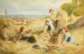 After Myles Birket Foster, A group of young girls gather in the hay, with others resting beyond,