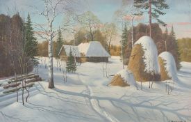 20th Century Russian School, a timber dwelling in a winter landscape, oil on canvas, indistinctly