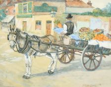 George Vernon Stokes and Alan Wright, A fruit merchant with a donkey cart, watercolour, signed, 8.