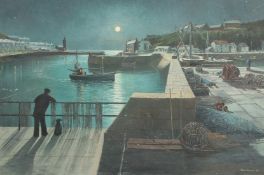 Nigel Hallard, a fishing boat entering a port under moonlight, oil on canvas laid down, signed and