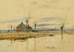 Robert. W. Fraser (1845-1906) British, A dwelling and a moored sailing boat on the river,