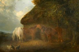 Edward Robert Smythe (1810-1899) British, A rural scene of three horse standing beneath a tree