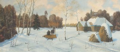 20th Century Russian School, a figure on a horse drawn sled in a snowy winter landscape, oil on