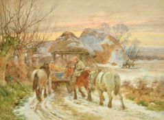 Charles James Adams (1859-1931) British, A horse and cart with heavy horses being led along a snow-