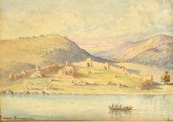 A 19th Century watercolour, An old fort wall with ruins inside near a river and mountains beyond,