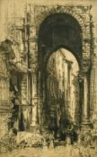 Hedley Fitton, 'The City gateway, Genoa', etching, signed in pencil, Inns & Blake trade label verso,