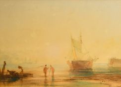 Circle of Copley Fielding, A shore scene with figures on the beach near a moored sailing boat,