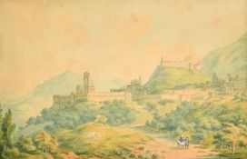 E. Howard, An Italian landscape in the hills with a large city, figures and horse on a track,