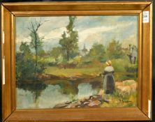 P. Gonnard, female figure by a river, oil on board, signed, 10.5
