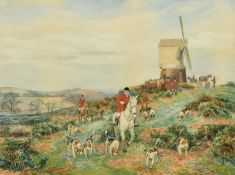 Arthur Foster, A foxhunting scene with huntsman and hounds in a country landscape with a windmill