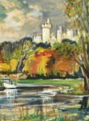 Circle of John Piper, A view of a castle with a pond below, (possibly Arundel), watercolour and