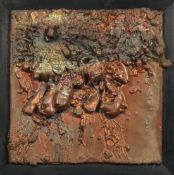 20th Century Russian School, a cast abstract metal sculpture, the frame inscribed in Cyrillic, 19