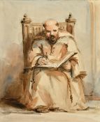 Circle of J.F. Lewis, A seated monk writing, watercolour, 8