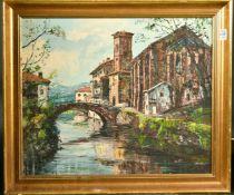 Narozny, buildings by an alpine river, oil on canvas, signed, 18