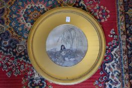 In the manner of Edmund Dulac, romantic figure subjects, circular framed and glazed.