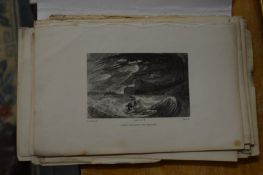 A collection of unframed prints.