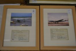 A pair of pilot's licences (?) framed and glazed with photographic prints of aeroplanes.