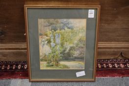 A garden landscape watercolour together with a still-life of flowers in a vase.