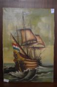 Galleon in a Choppy Sea oil on canvas, unframed.